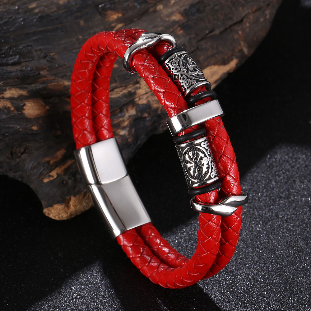 Viking Style Double Layered Leather Bracelet Stainless Steel Charm Bracelets for Women Gift