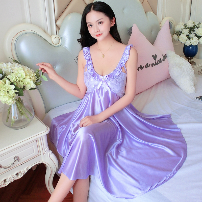 Sexy Pyjamas Ladies Sexy Silk Satin Night Dress Sleeveless Nighties V-neck Nightgown Plus Size Nightdress Lace Sleepwear Nightwear For Women 230427