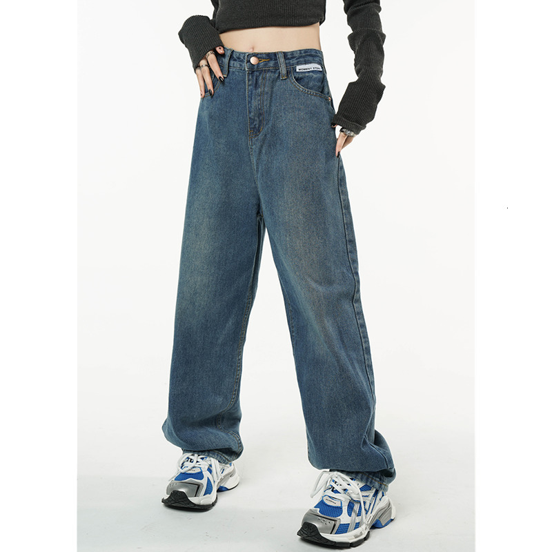 Women's Jeans Winter Vintage Blue High Waist Women Jeans American Fashion Streetwear Wide Leg Jean Female Denim Trouser Straight Baggy Pants 2304