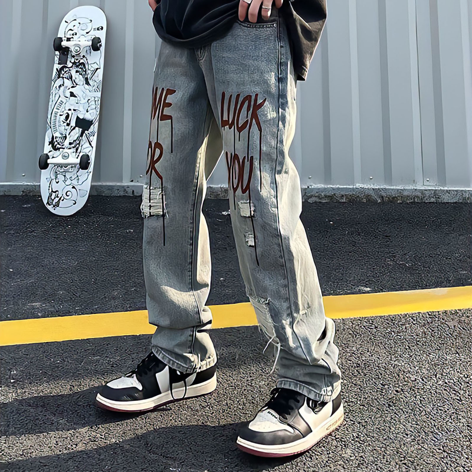 Men's Jeans Blue Punk Baggy For Men Straight Leg Oversized Pants Letter Print Streetwear Y2k Vintage Hip Hop Ripped Denim Trousers 230426