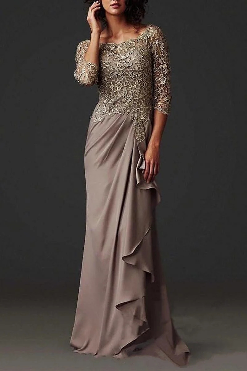 Vintage Mother Of The Bride Dress Scoop 3/4 Sleeve Pleat Chiffon Appliqued Lace A-e Wedding Party Guest Groom Gowns High Quality