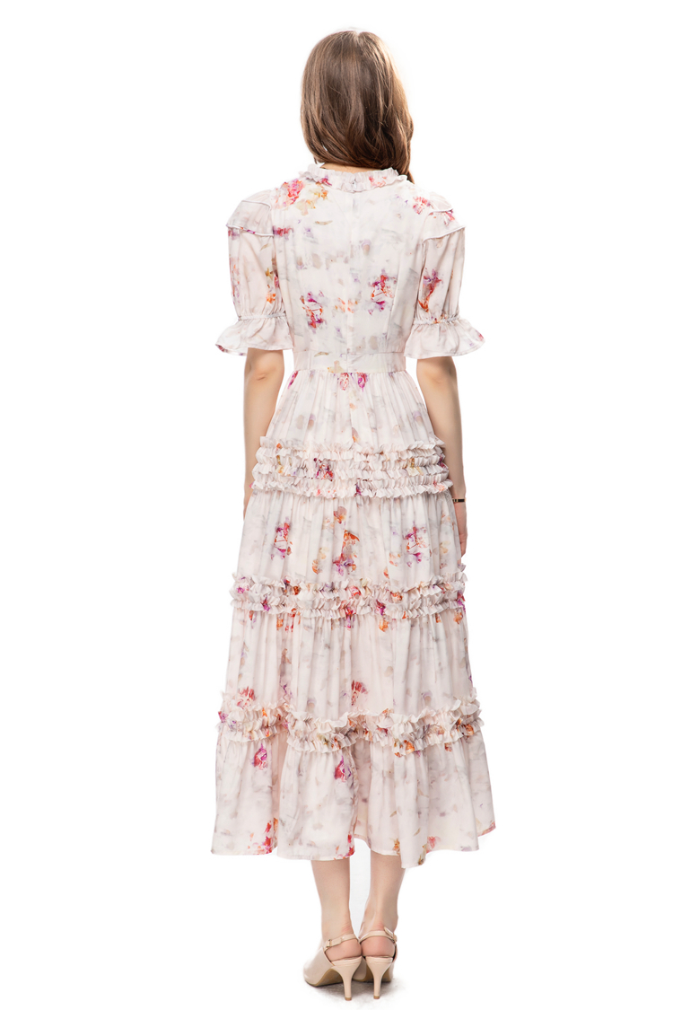 Women's Runway Dresses O Neck Short Sleeves Printed Floral Tiered Ruffles High Street Casual Vestidos