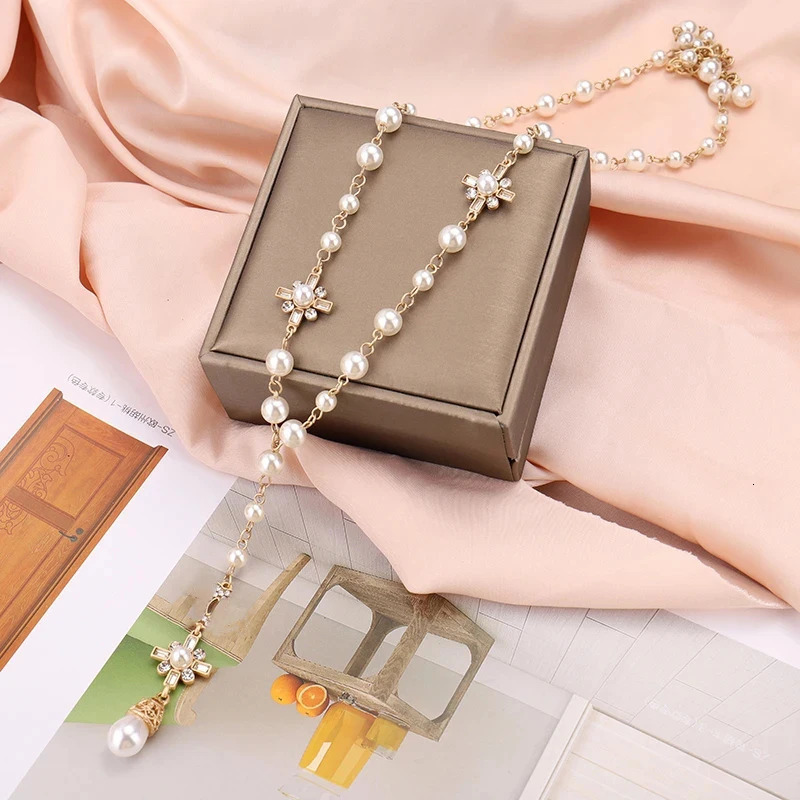 Chokers Korean Fashion Pearl Long Double Layer Pendant Necklace Sweater Chain Accessories 231127