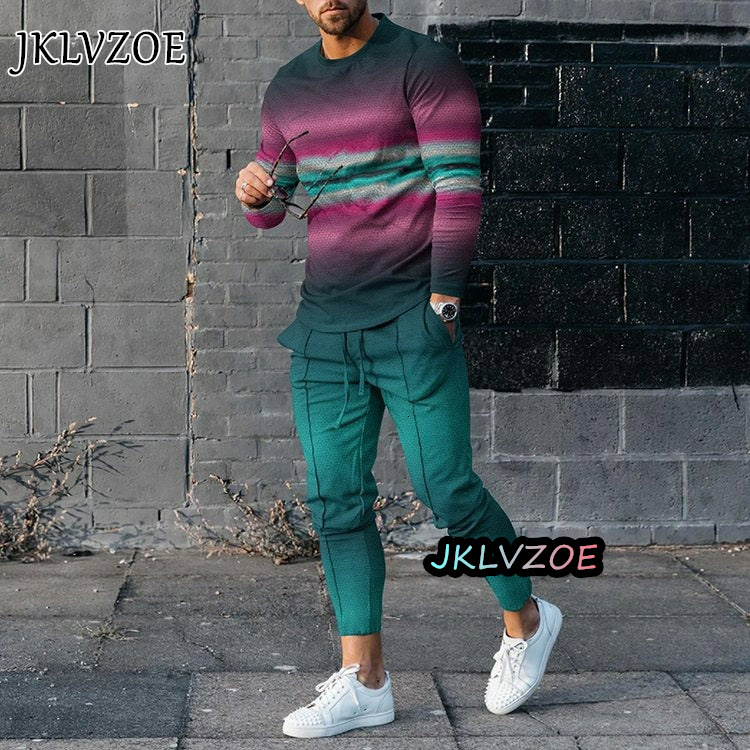 Men's Tracksuits Fashion 3D Print Casual Male Clothes Oversized Tracksuits 2 Piece Suit Men's Long Sleeve T-shirt Set Sports Pants Outfit 23