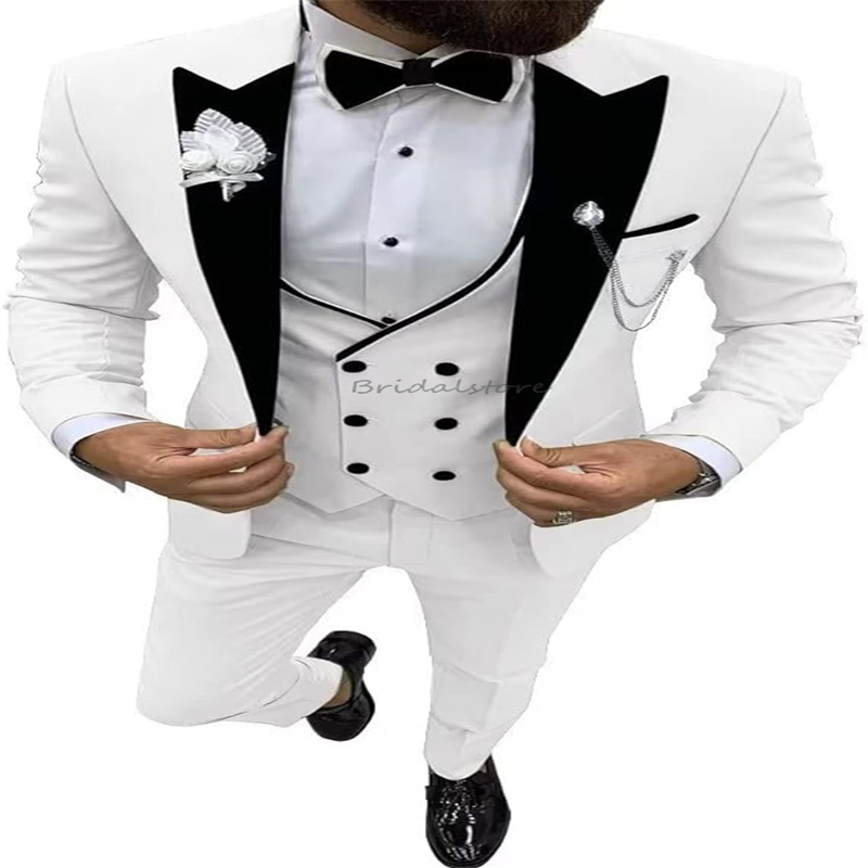 Slim White Blazer Wedding Tuxedo For Men One Button Double Breasted Vest Fit Wedding Suit Prom Dinner Bespoke 3 Pieces Male Bussiness Outfit Set Suit 