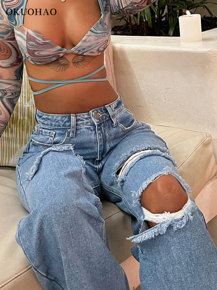 Women's Jeans Vintage Jeans Women High Waist Ripped Baggy Pants Straight Wide Leg Loose Denim Pants Y2k Streetwear Wash Blue Jean Trousers 230427