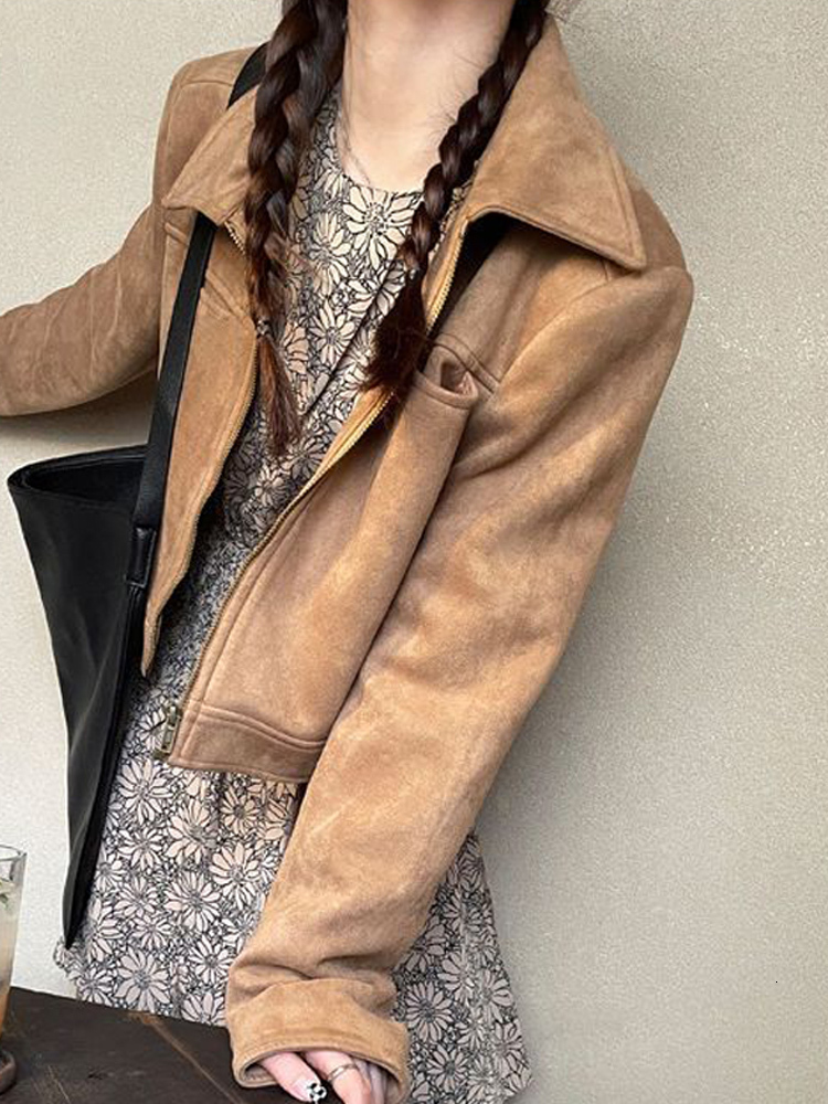 Women's Jackets Suede Velvet Loose Jacket Coat Women Fashion Long Sleeve Turn-down Collar Zipper Short Jackets Female All-match Pocket Blazer 230