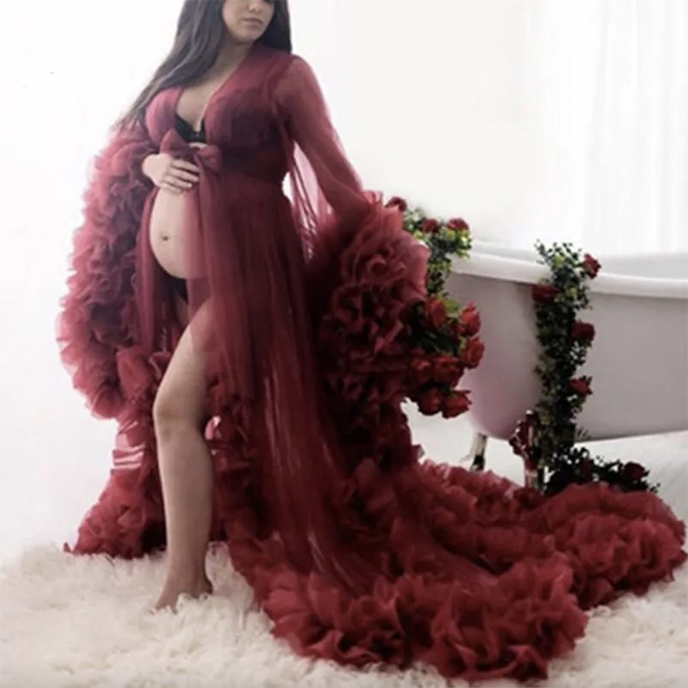 Burgundy Lush Tulle Robe Maternity Dress Long Puffy Sleeves Ruffled See Through Bridal Dresses Photo Shoot or Baby Shower Bathrobe Sleepwear