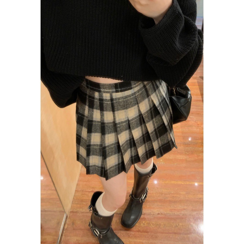 Autumn And Winter Chain High Waist Slimming A-Line Plaid Pleated College Wind Woolen Bust Skirt Women 210521