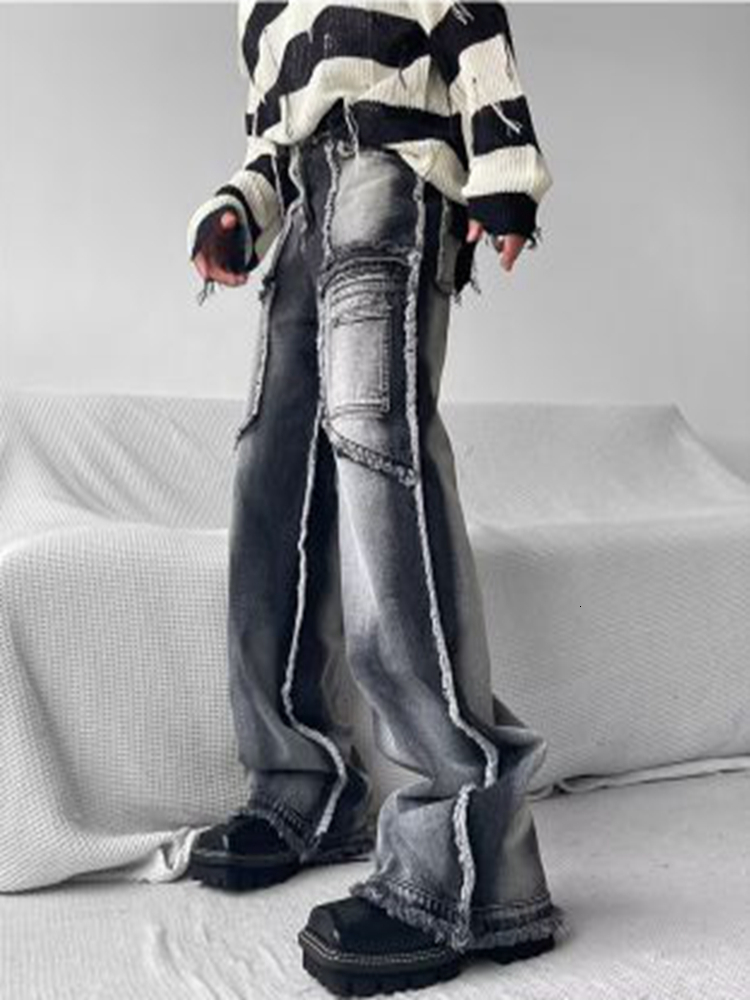 Men's Jeans Pants Autumn Vintage Wash Rough Edge Straight Tube Splicing Male High Street Wide Leg Trousers Fashion 230426