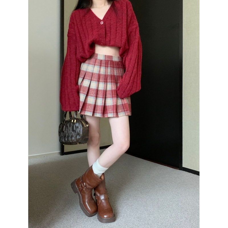 Autumn And Winter Chain High Waist Slimming A-Line Plaid Pleated College Wind Woolen Bust Skirt Women 210521