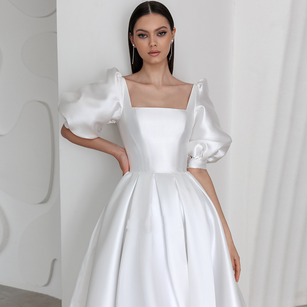 Boat Neckline Satin Wedding Dresses Puffy Sleeve A-Line Bridal Gowns Lace Up Backless Pleat Robe de mariage