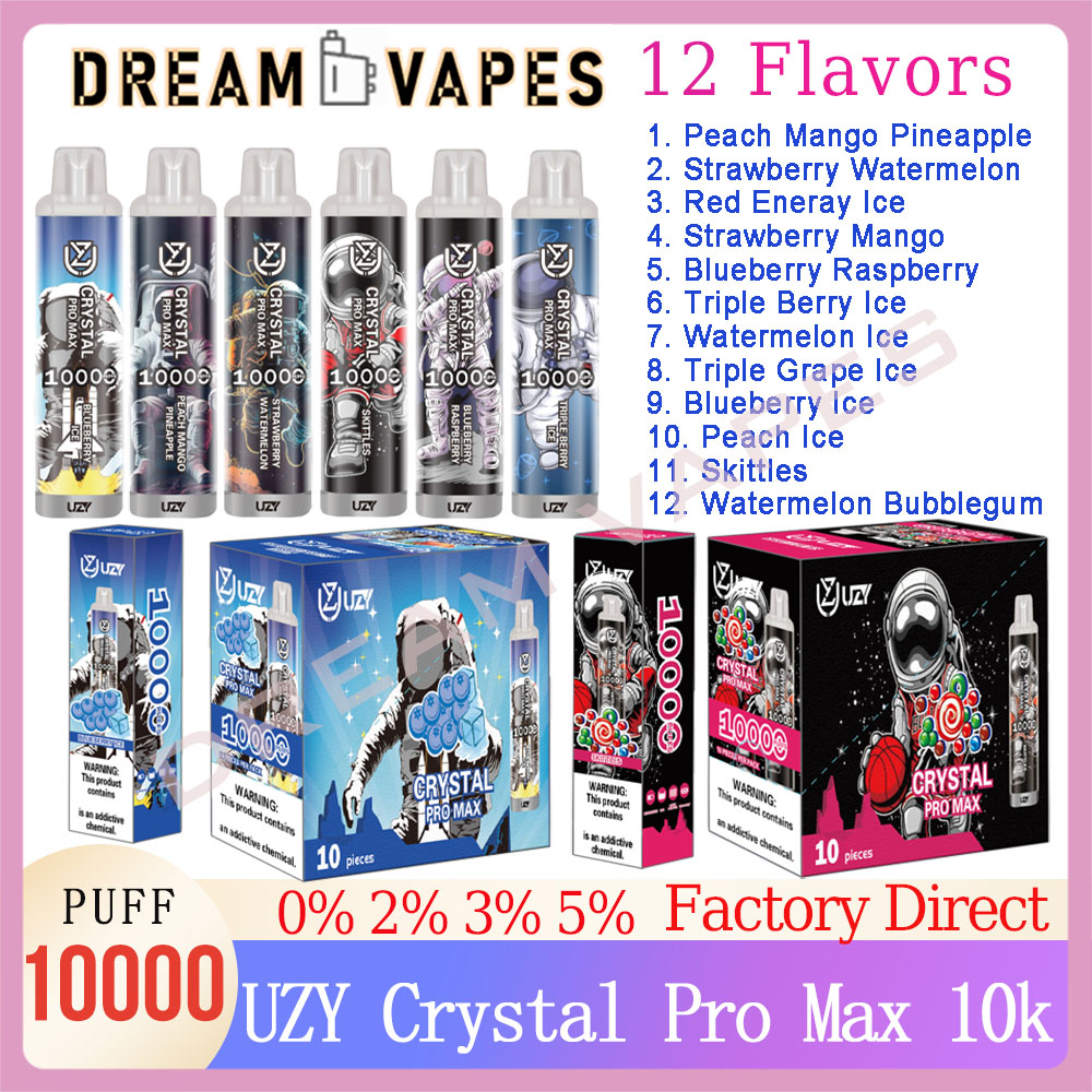 Original UZY Crystal Pro Max 10000 Puff Disposable E Cigarettes 1.2ohm Mesh Coil 16ml Pod Rechargeable Vape pen 10K Puffs 0% 2% 3% 5% RGB Light 12 Flavors