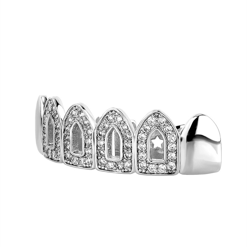 New Bling CZ Hollow Teeth Grillz Yellow White Gold Plated Top Grills Dental Jewlery Hip Hop Fashion Rapper Jewelry