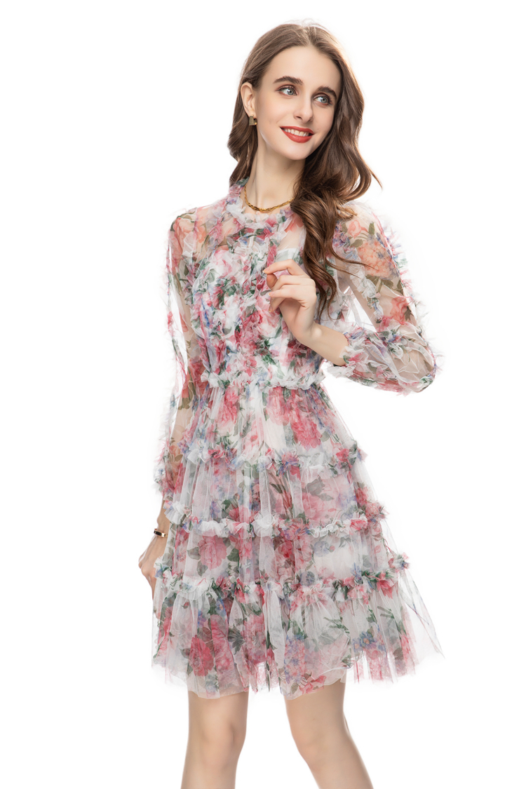 Women's Runway Dresses O Neck Waist Sleeves Appliques Printed Elegant Layered Fashion Homecoming Dress