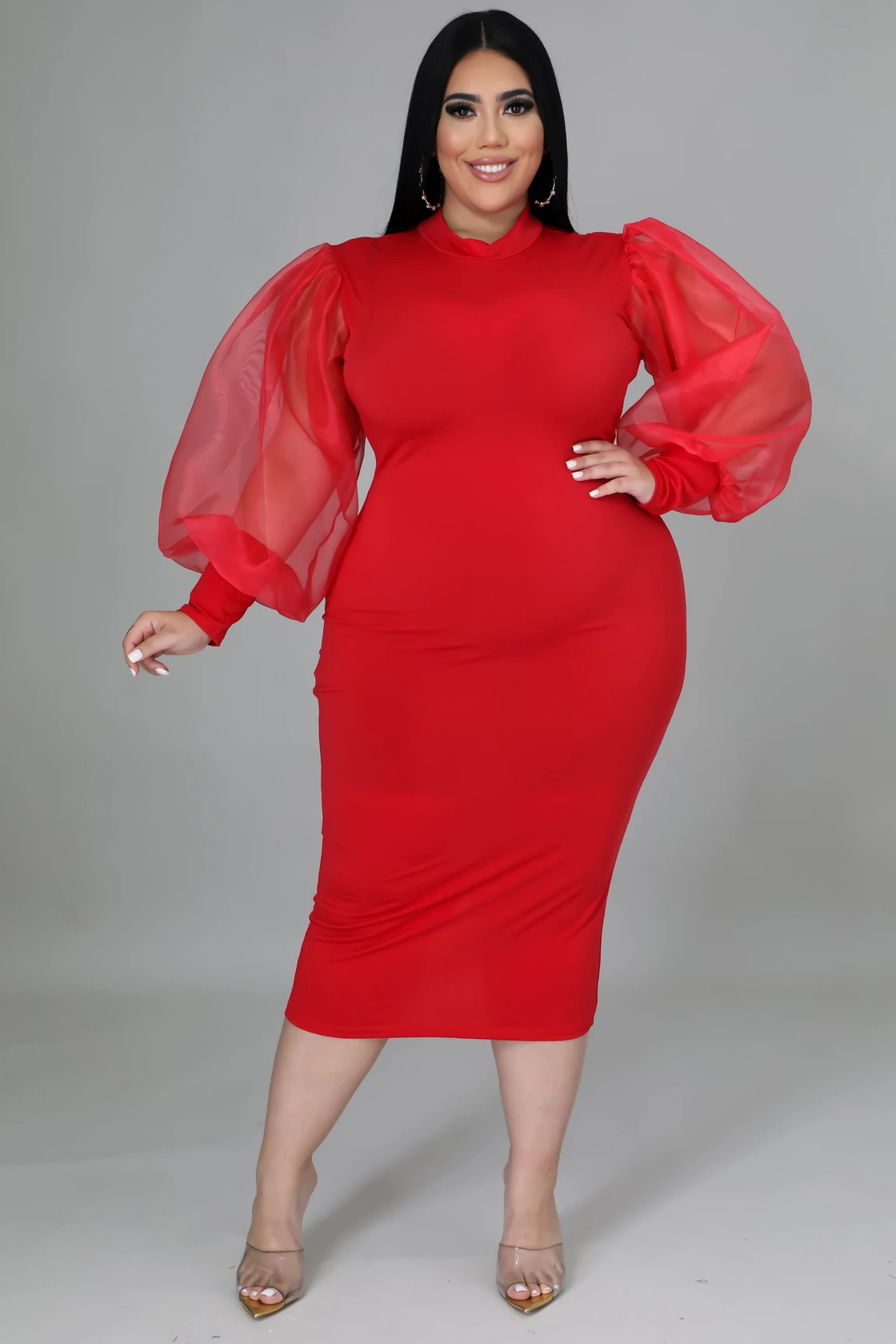 Women Solid Color Plus Size Women's Gauze See-Through Lantern Sleeve Dress 3 Colors In Stock
