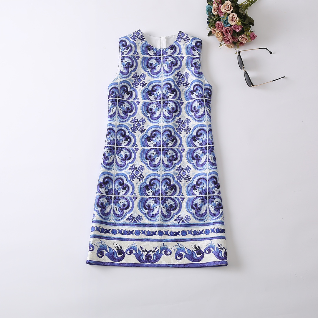 Blue Porcelain Print Dress: Designer Party Wear | Sleeveless Gathered Waist Birthday Dresses C260311