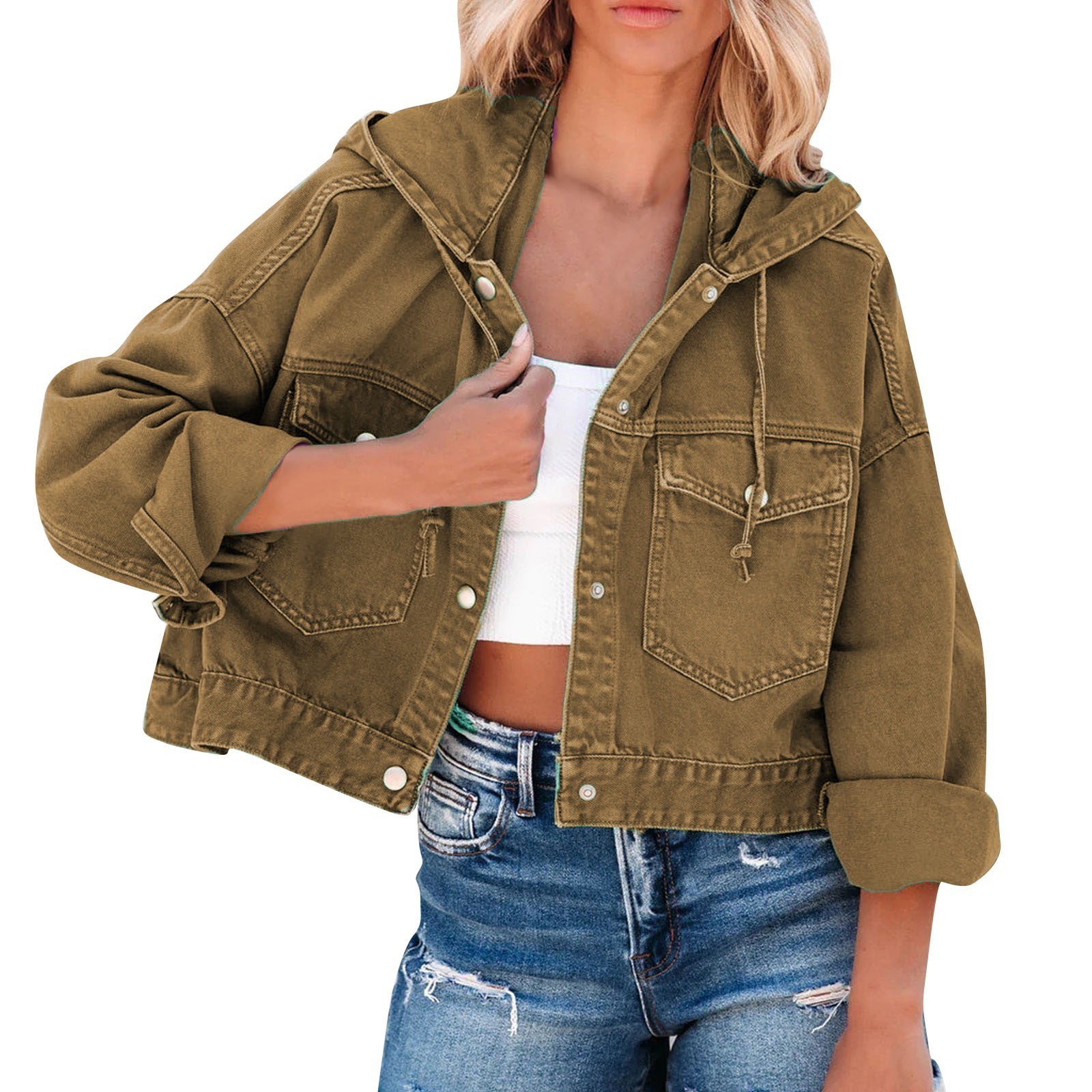 Women's Jackets Casual Solid Hooded Denim Jacket Women Turndown Neck Long Sleeve Front Pocket Jackets Retro Button Jeans Coat Female Streetwear 2