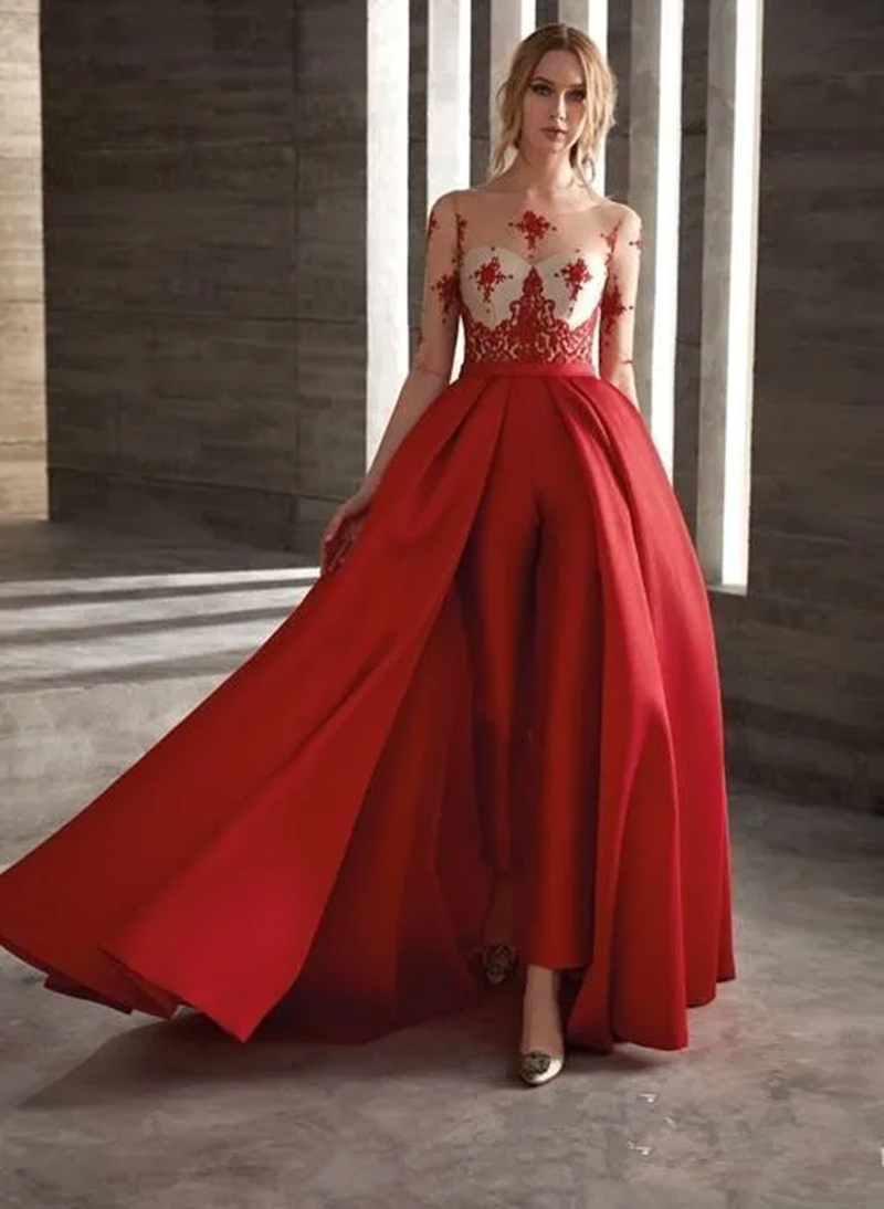 Dark Red Jumpsuits Prom Dresses For Women 2024 Half Sleeves Lace Appliques Formal Party Gown Sexy Illusion Modern Evening Dress Special Occasion Wear