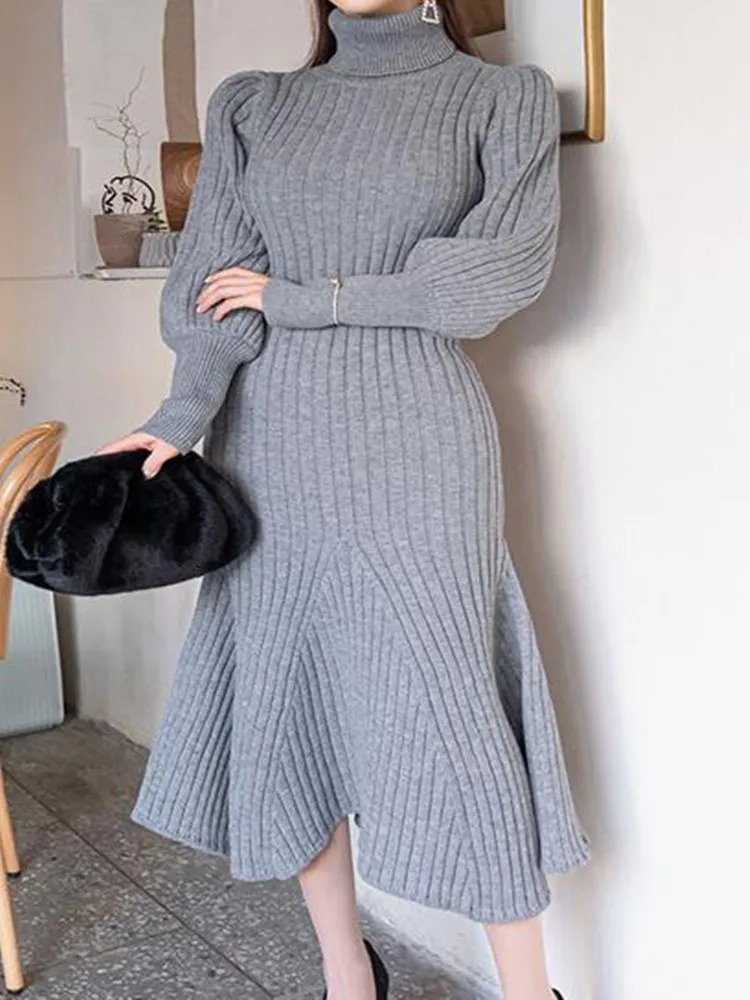 Women s Knits Tee Turtleneck Knitted Sweater Long Dress 2023 Autumn Solid Sleeve Casual Dresses Elegant Bodycon Sheath Female 231127