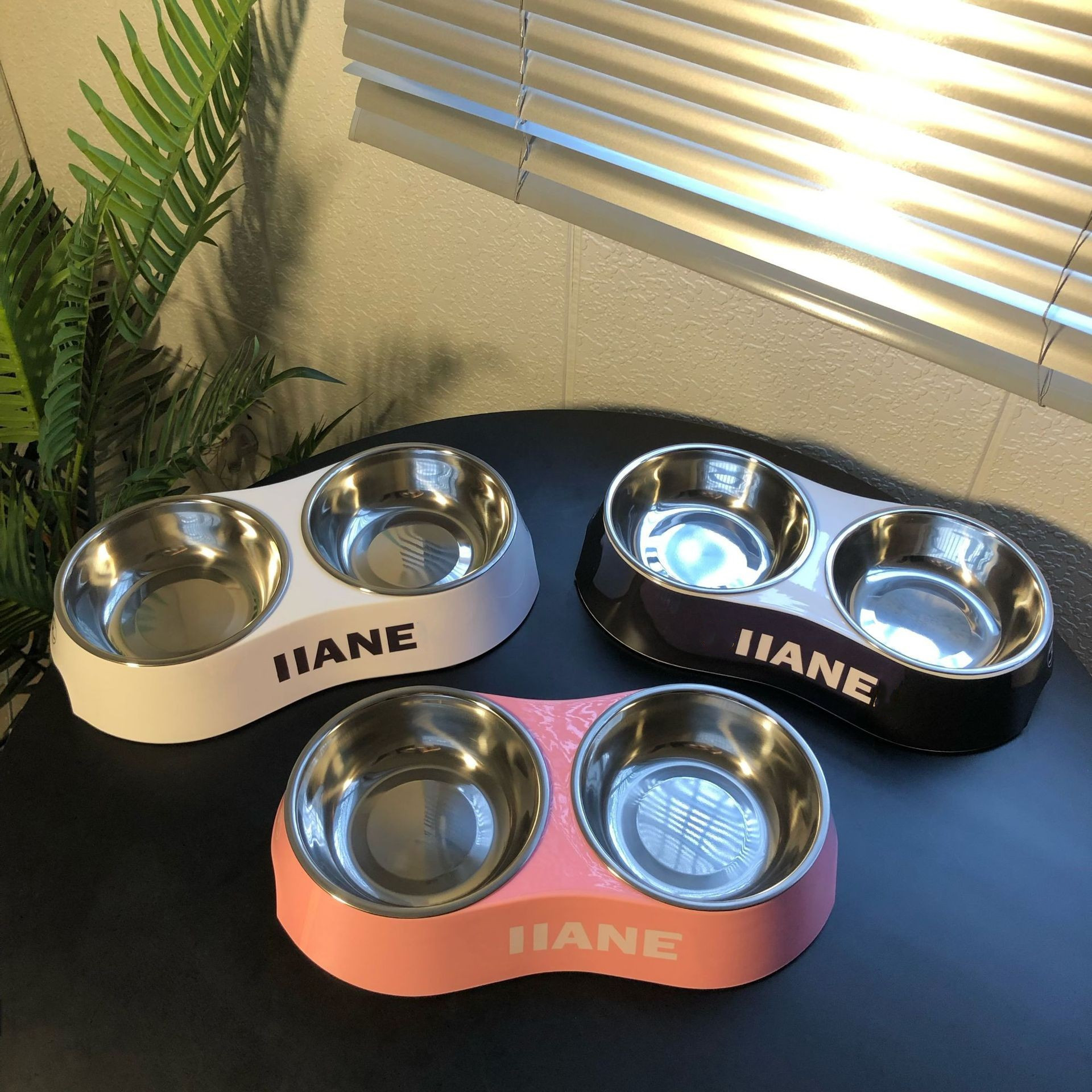 Designer Black White Pink Double Letter Printed Pet Drinking Bowl Cat Dog Food Set