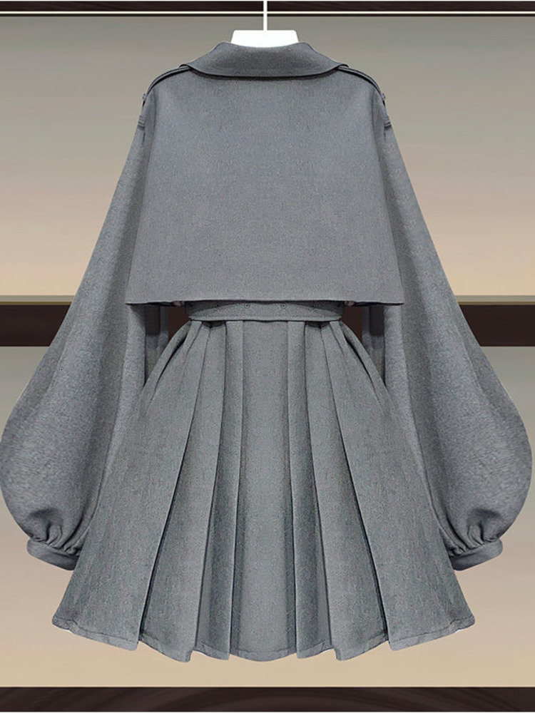 Women's Two Piece Pants Autumn Office Ladies Elegant 2 Set Korean FashionTurndown Iantern Long Sleeve Trench Coat And Bodycon Sets 230426