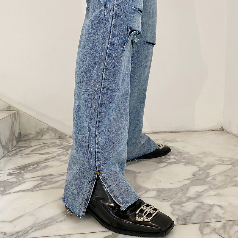 Men's Jeans Men Hole Summer Fashion Casual Straight Long Male Female Unisex Japan Korea Streetwear Vintage Denim Pants Trousers 230426