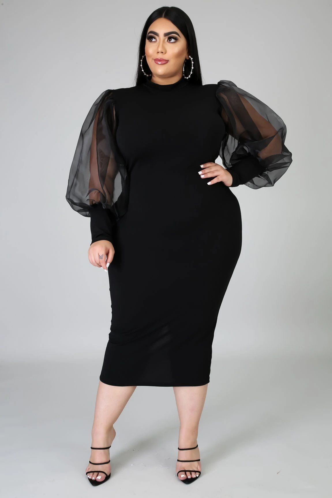 Women Solid Color Plus Size Women's Gauze See-Through Lantern Sleeve Dress 3 Colors In Stock
