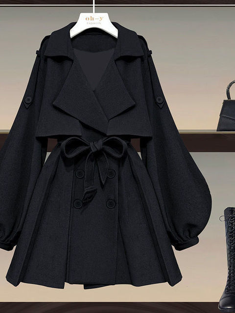 Women's Two Piece Pants Autumn Office Ladies Elegant 2 Set Korean FashionTurndown Iantern Long Sleeve Trench Coat And Bodycon Sets 230426