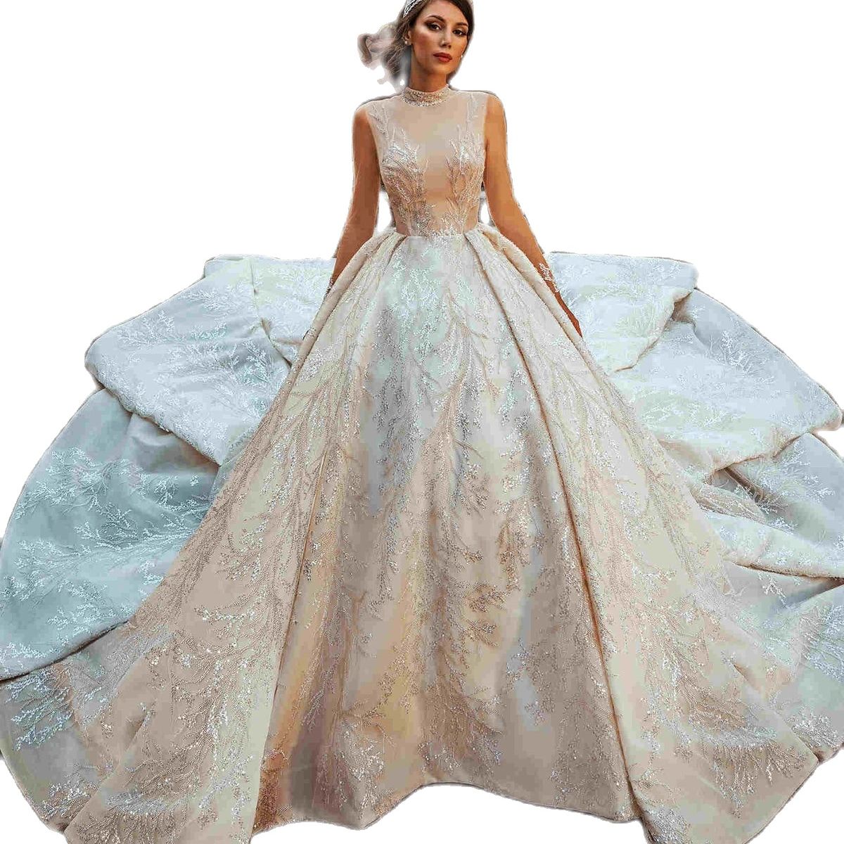 Custom Made Princess Ball Gown Wedding Dresses Sparkly Sheer High Neck Short Sleeve Luxury Crystal Bridal Gowns