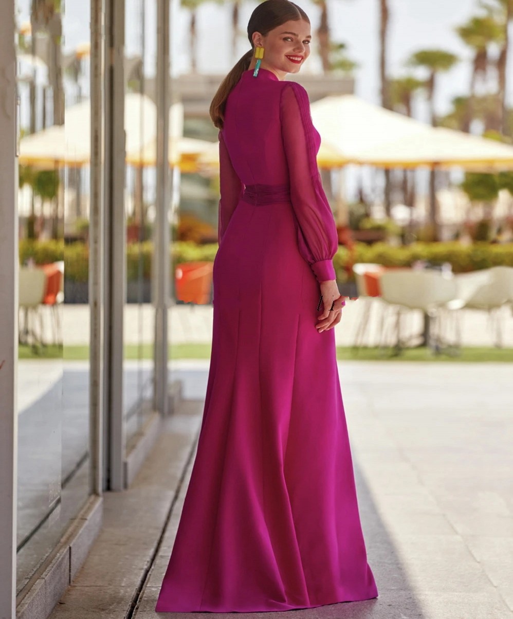 Elegant Long Sleeves Evening Dress 2024 Sexy Front Slit Mermaid Prom Formal Gown Deep V-neck Fuchsia Birthday Party Dresses Robe de Soiree
