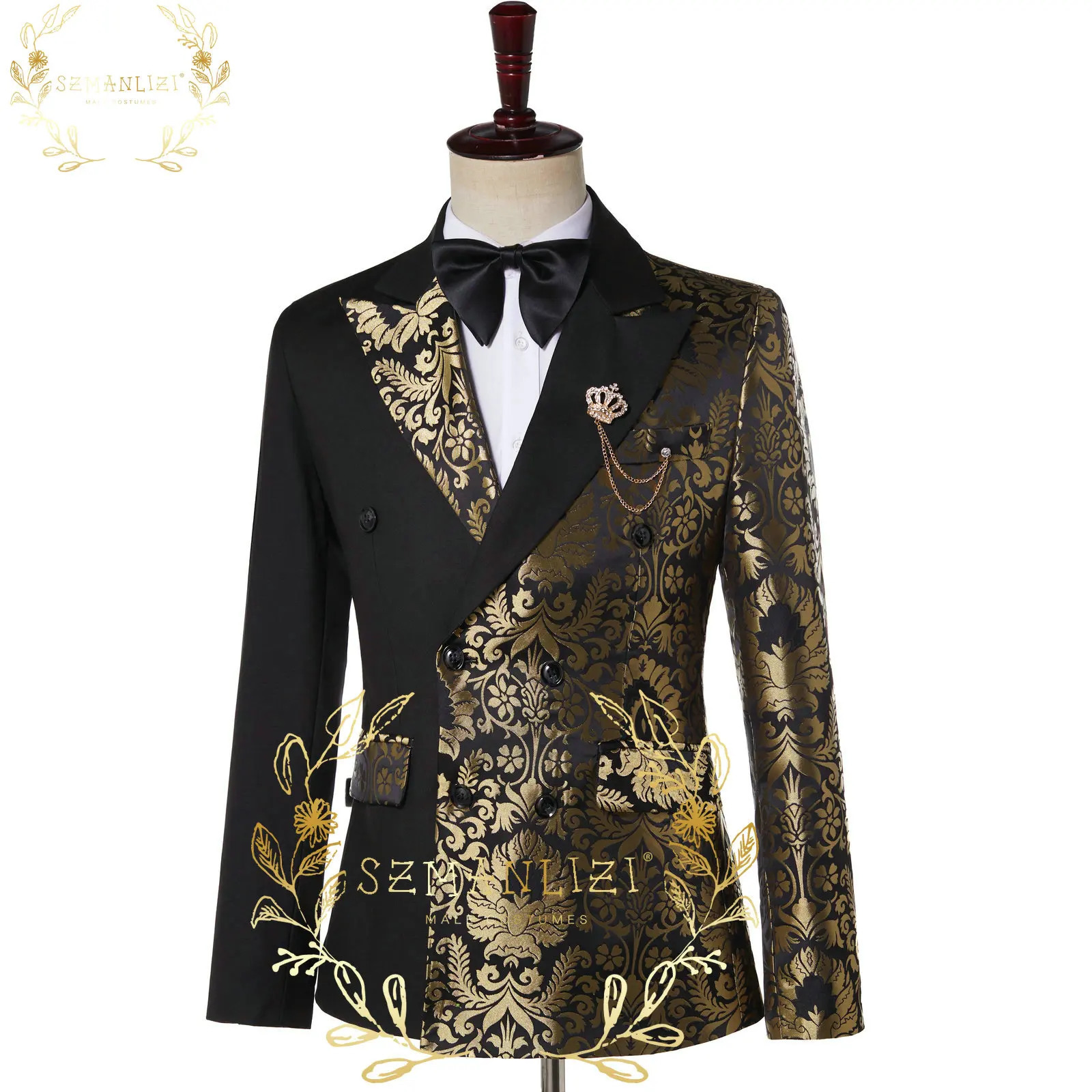 Men S Suits Blazers SZMANLIZI Double Breasted Black Gold Floral Jacquard Slim Fit Mens Wedding Groom Tuxedos Party Jacket Pant Terno Masculino 23