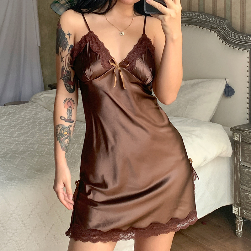 Sexy Pyjamas Rockmore Satin Strap Dress Nightgown Women Sexy Lace Nightwear Backless Print Mini Night Dresses Oversized Sleeveless Sleepwear 230427