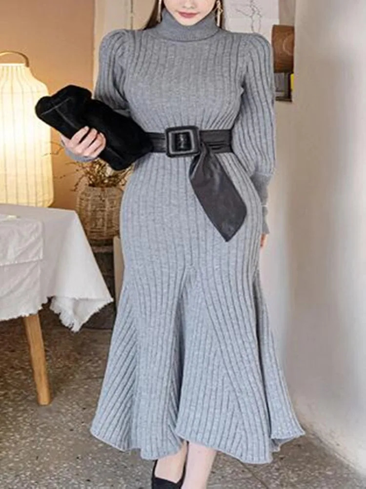 Women s Knits Tee Turtleneck Knitted Sweater Long Dress 2023 Autumn Solid Sleeve Casual Dresses Elegant Bodycon Sheath Female 231127
