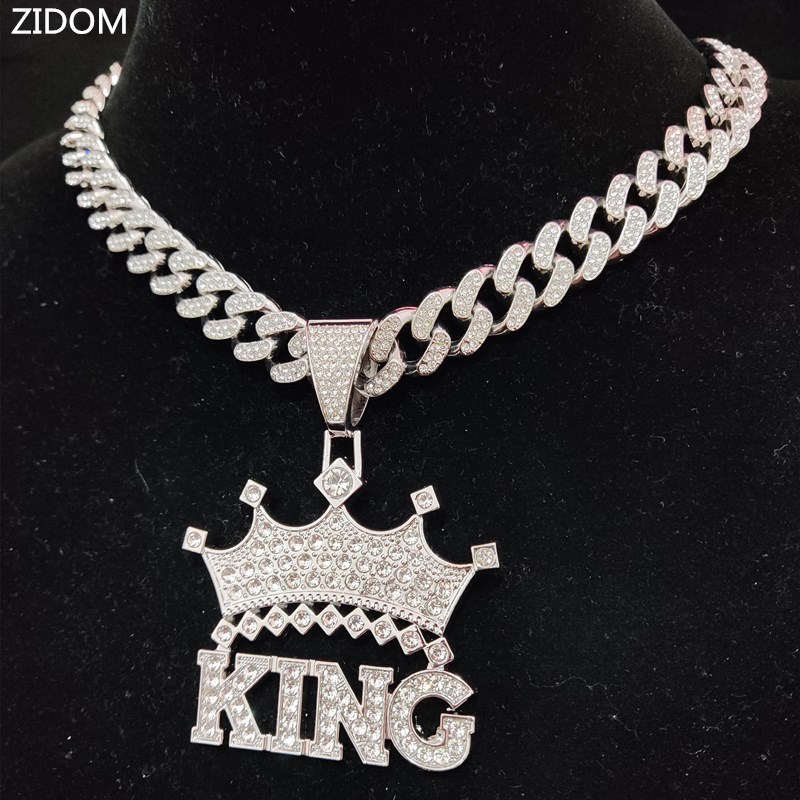 Strands Strings Men Women Hip Hop Crown with King Pendant Necklace with 13mm Cuban Chain HipHop Iced Out Bling Necklaces Fashion Charm Jewelry 230426