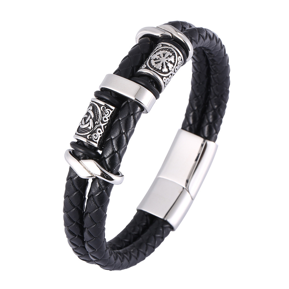 Viking Style Double Layered Leather Bracelet Stainless Steel Charm Bracelets for Women Gift