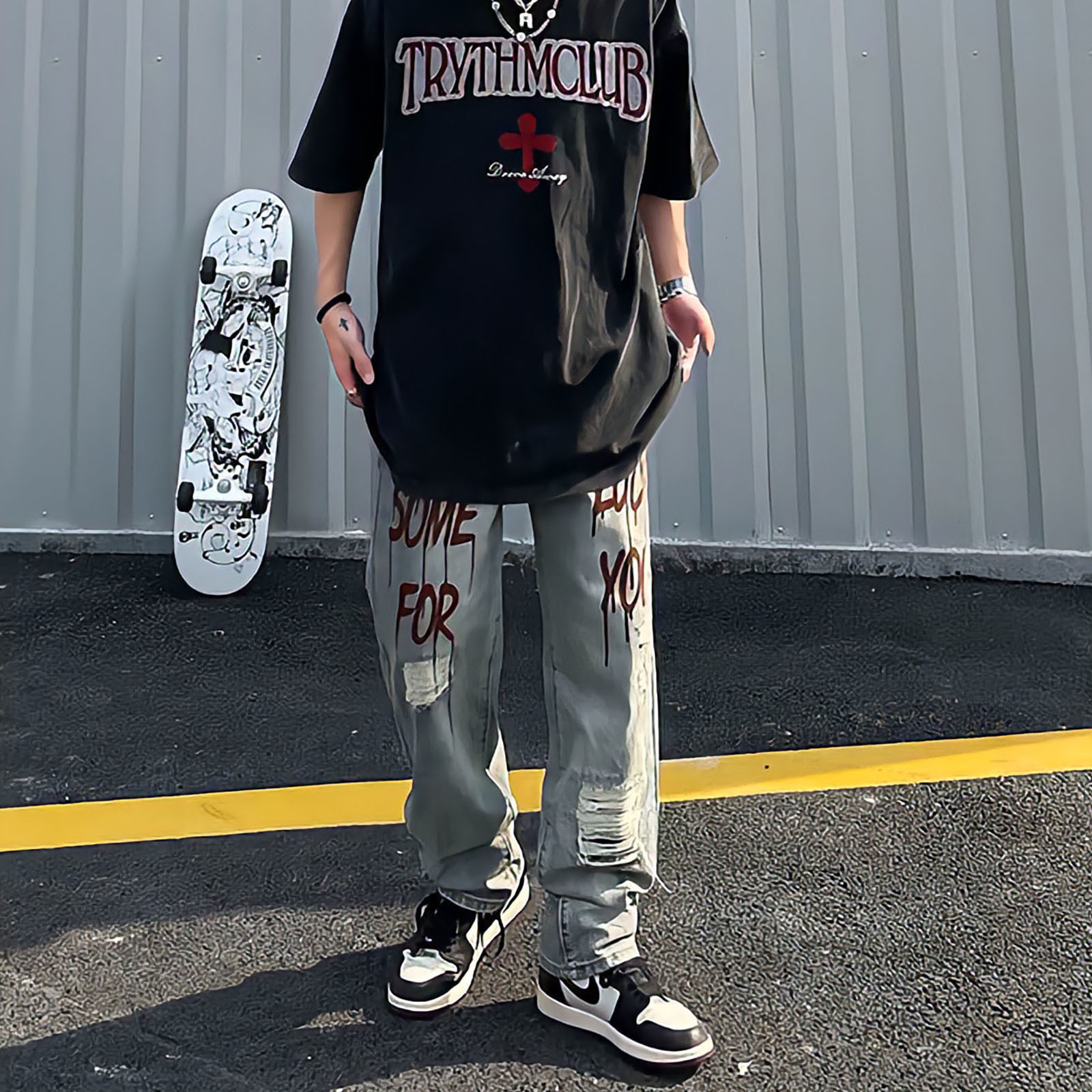 Men's Jeans Blue Punk Baggy For Men Straight Leg Oversized Pants Letter Print Streetwear Y2k Vintage Hip Hop Ripped Denim Trousers 230426