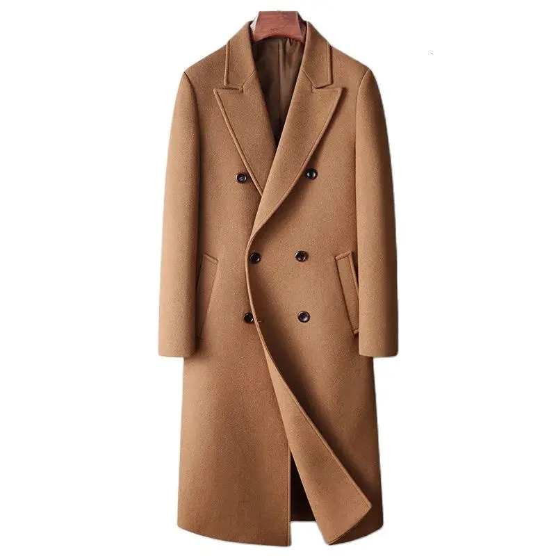 Men's Fur Faux Autumn Winter Wool Blends Coats Fashion Double Breasted Smart Casual Long Woolen Trench Men Trun Down Collar Outerwear 231124