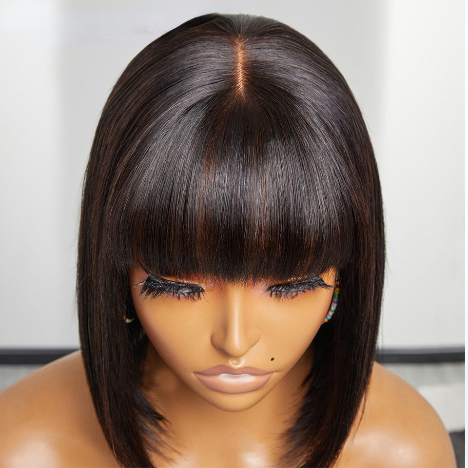 Brazilian Short Bob Straight Simulation Human Hair Wigs With Bangs Full Lace Front Wigs For Black Women Glueless Fringe Wig Bangs