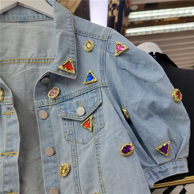Women's Jackets Casual Puff Sleeve Rhinestones Short Denim Coats for Women Spring and Summer Loose Diamonds Crop Jean Jackets Female 230427
