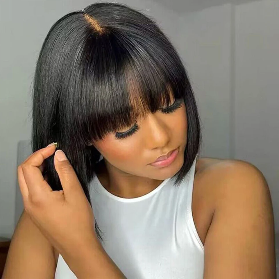 Brazilian Short Bob Straight Simulation Human Hair Wigs With Bangs Full Lace Front Wigs For Black Women Glueless Fringe Wig Bangs