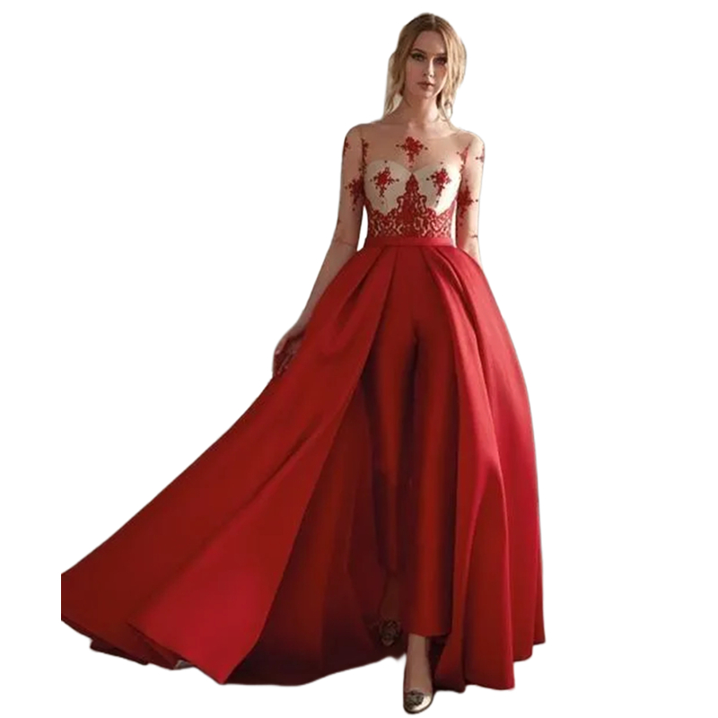 Dark Red Jumpsuits Prom Dresses For Women 2024 Half Sleeves Lace Appliques Formal Party Gown Sexy Illusion Modern Evening Dress Special Occasion Wear