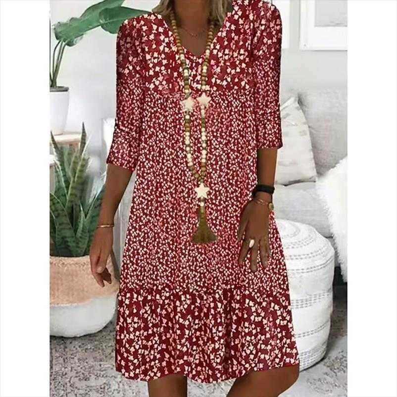 Summer Floral Print Mid Dresses Length Sleeves V Empire Neck Dress Women