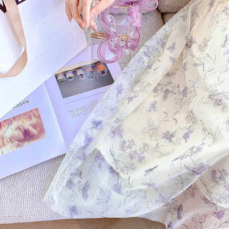 Women's Swimwear Summer Women French Tender Ink Painting Puff Sleeve Long Dress Korean Temperament Sweet Fairy Style Lady Floral 230426