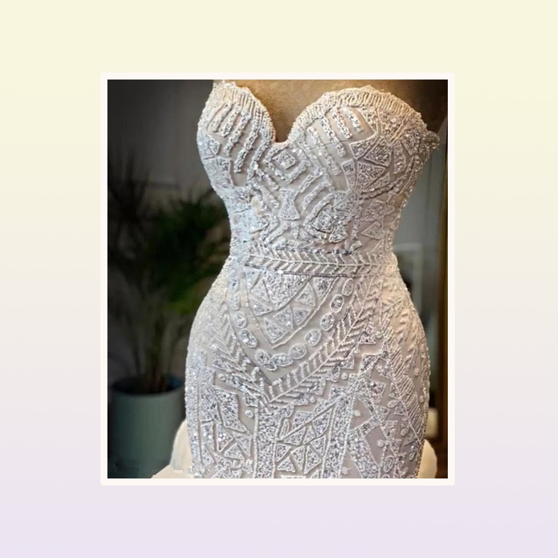 Gorgeous Mermaid Wedding Dress Sweetheart Beaded Pearl Tiered Ruffles Chapel Train Bridal Gowns Off Shoulder Sexy Wedding Dresses