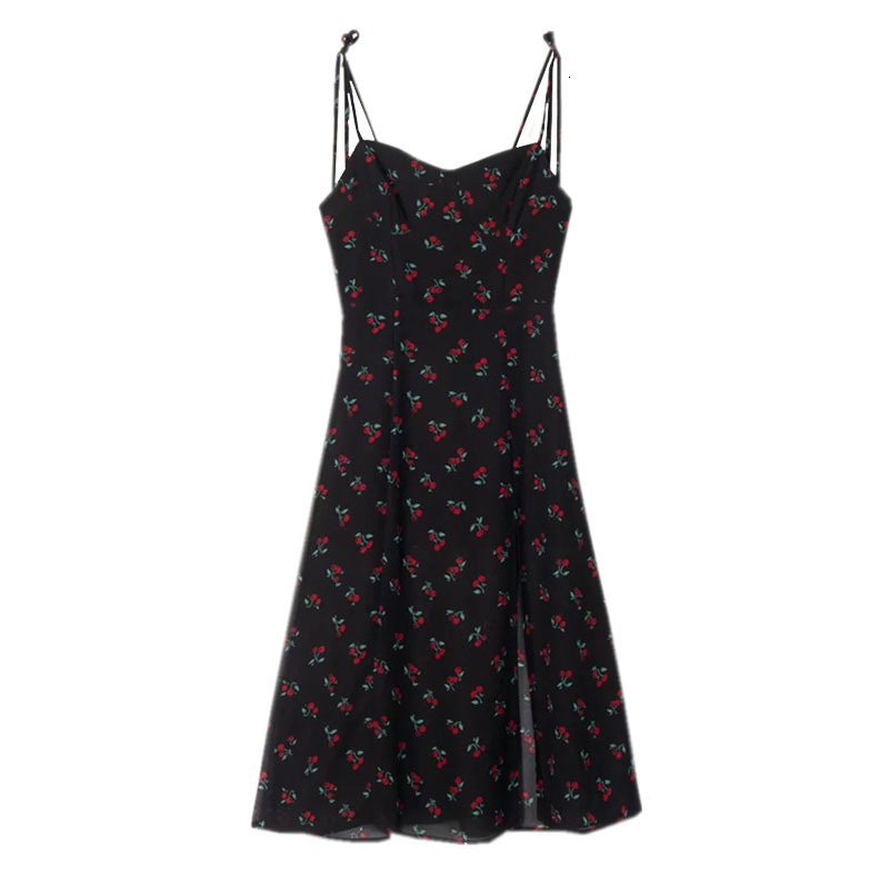 Foridol Strawberry Print White Chiffon Long Dress Women Spaghetti Strap Vintage Boho Summer Beach Maxi Sleeveless Sundress 220613