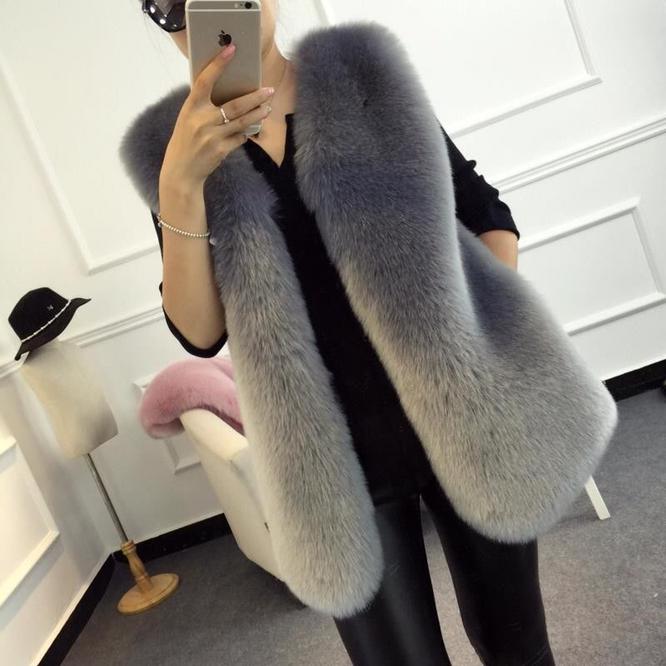 

Vests Gray Autumn Winter New Fox Artificial Fur Grass Vest Women's Middle Long Loose Coat Women Vest Sleeveless Over Coat Top Clothes, Black