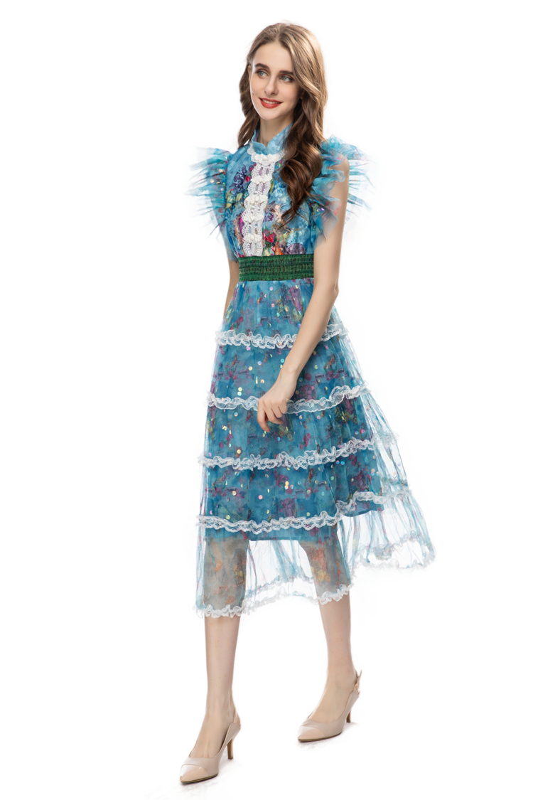 Women's Runway Dresses O Neck Tiered Ruffles Lace Patchwork Fashion High Street Vestidos