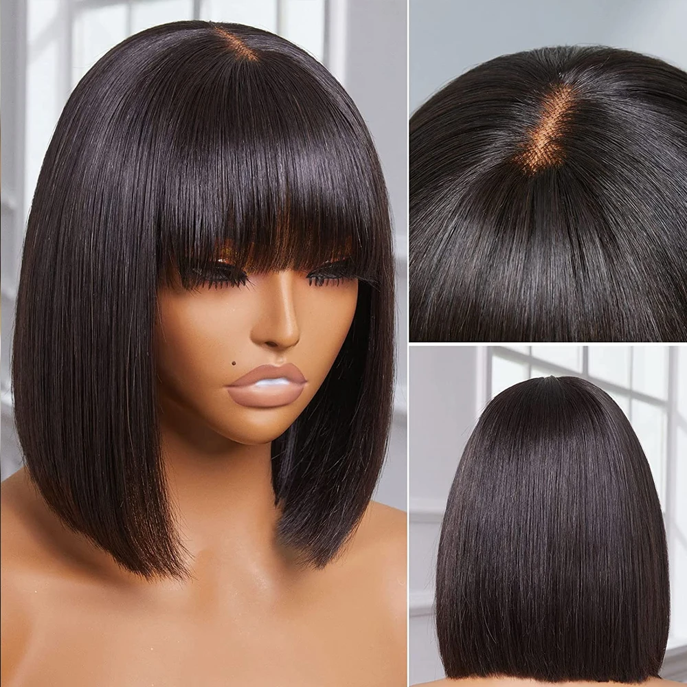 Free shipping 180density Brazilian Remy HairShort Straight Short Human Hair with Bangs Cheap Full Lace Black Bob Wigs for Woman