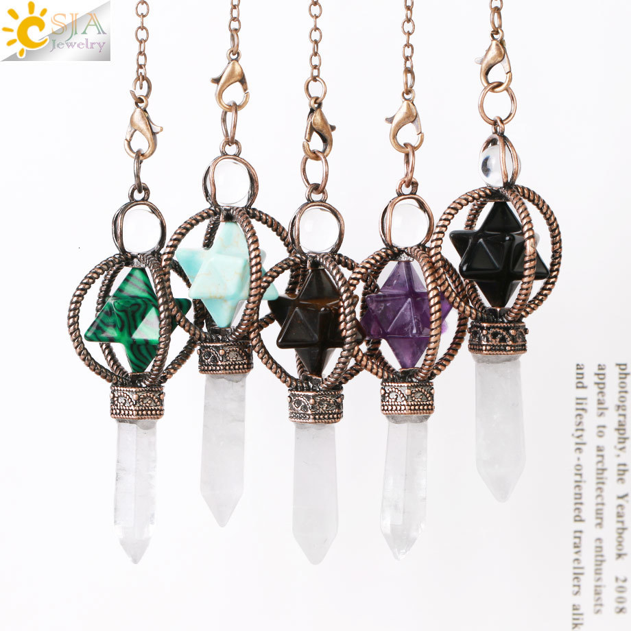 Pendant Necklaces CSJA Esotericism Crystal Pendulums for Dowsing Divination Pendulum Merkaba Natural Stone Pendant Clear Quartz Red Bronze G930 230426